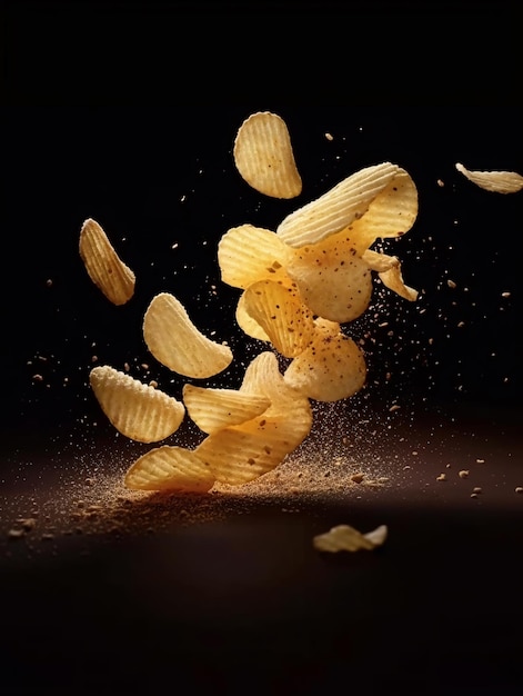 Foto papas fritas onduladas flotando alrededor de polvo sazonado en un fondo oscuro