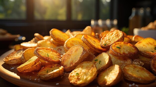 Papas fritas con una salpicadura de especias saladas saladas en una mesa de madera con un fondo borroso