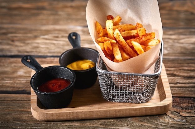 Papas fritas con salsa de tomate y guarnición de madera mostaza tradicional