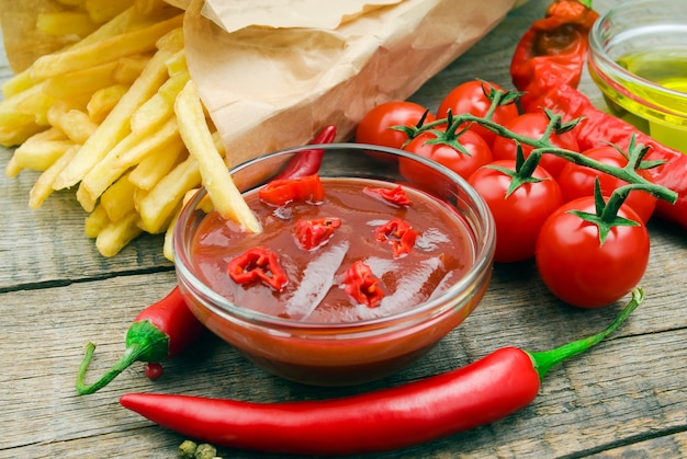 papas fritas con salsa de tomate