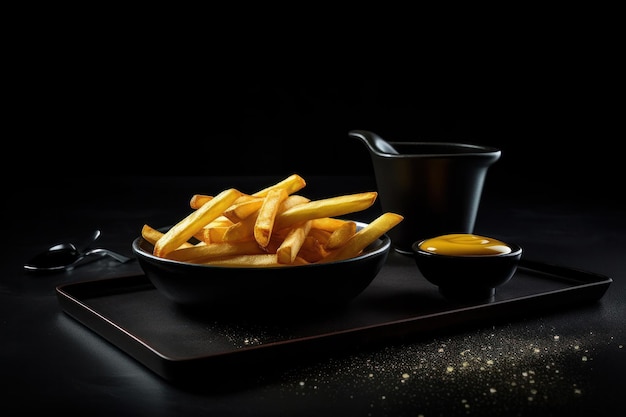 Foto papas fritas sofisticadas en plato negro con salsa para mojar