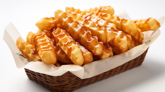 Papas fritas tipo waffle en tazas de paquete aisladas sobre fondo blanco