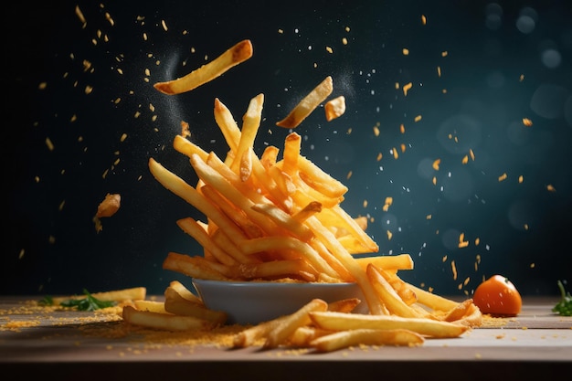 Papas fritas voladoras con ducha de sal en fotografía de comida lúdica