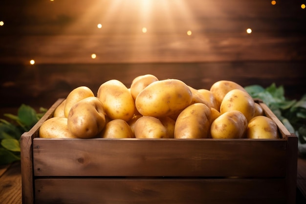 Foto papas maduras del campo a la mesa en una caja de madera sobre una superficie natural presentada por ia generativa