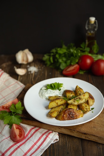 papas nuevas al horno en un plato blanco con salsa de hierbas y tomates vista superior