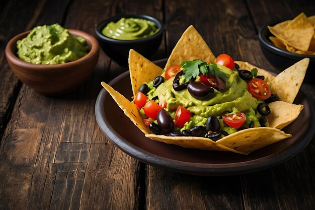 Papas tortillas de nachos mexicanas con frijoles negros, guacamole, tomate y jalapeno sobre un fondo negro