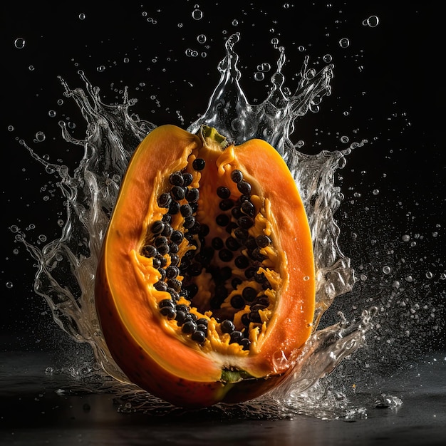 Una papaya se cae en un chapoteo de agua