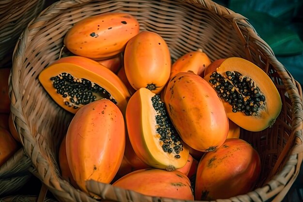 Papaya en una canasta en un mercado tradicional al aire libre