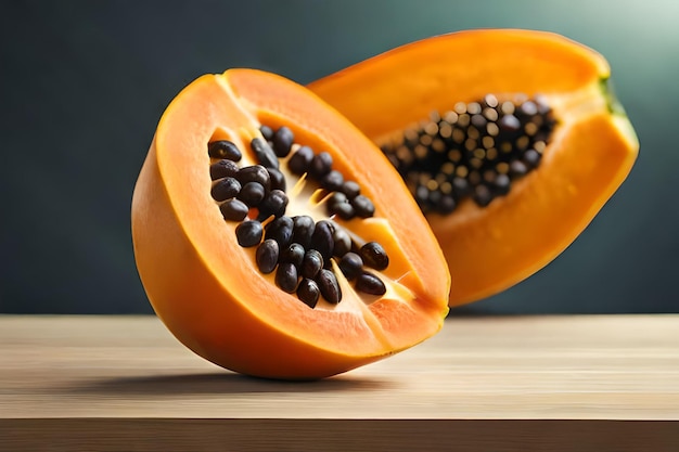 una papaya cortada por la mitad en una mesa de madera