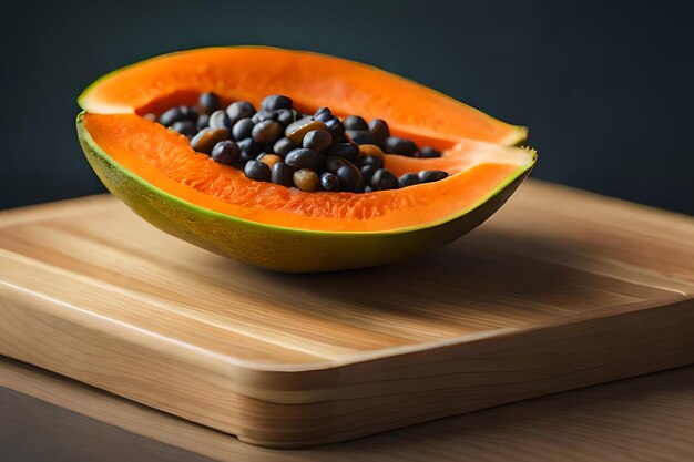 Una papaya cortada por la mitad en una tabla para cortar