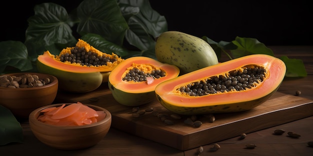 Una papaya cortada por la mitad y tiene semillas negras.