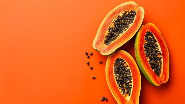 Papaya entera y mitad de la fruta madura con semillas