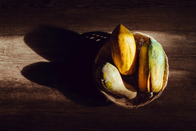 Papaya in einem Weidenkorb auf einem Holztisch Licht und Schatten der Sonne Kopieren Sie Platz