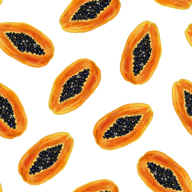 Papaya in nahtlosem Muster. Tropische Hand gezeichnete Illustration mit Öleffekt. Auf weißem Hintergrund isoliert.