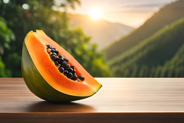 Una papaya en una mesa de madera con una puesta de sol al fondo