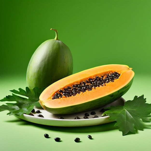 Foto una papaya y la mitad de un melón están en un plato