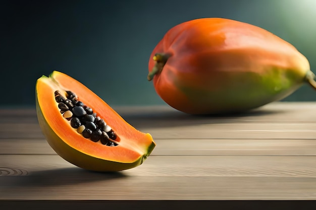 Una papaya y una papaya en una mesa de madera.
