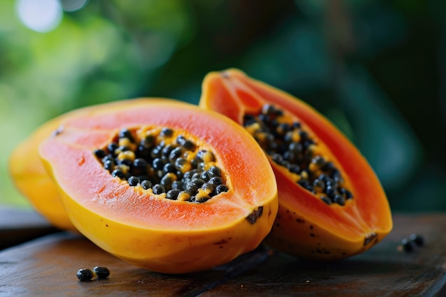 papaya con una piel amarilla y una carne naranja con semillas negras en el interior cortada por la mitad