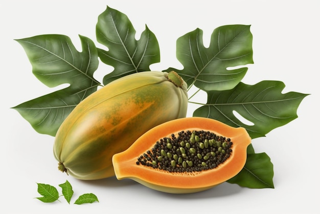 Papaya con rodajas y hojas aisladas sobre fondo blanco ai generativo