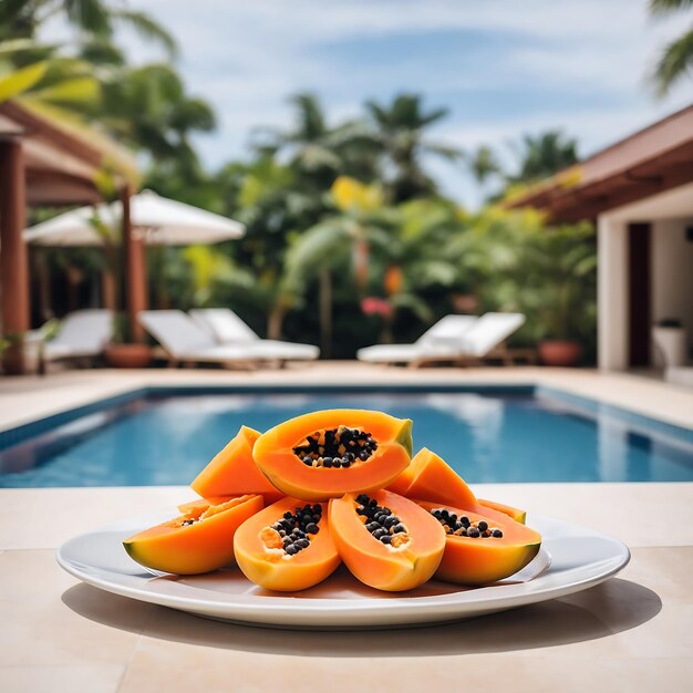 Papaya en rodajas en un plato blanco frente a la piscina Ai Generado