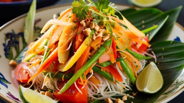 Papaya-Salat mit Reisnudeln und Gemüsesalat, geschmückt mit thailändischen Zutaten