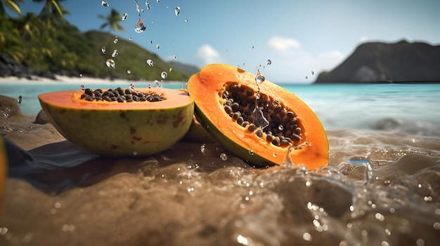 Papaya en salpicaduras de agua en verano en el mar con fondo de cielo azul y IA generada