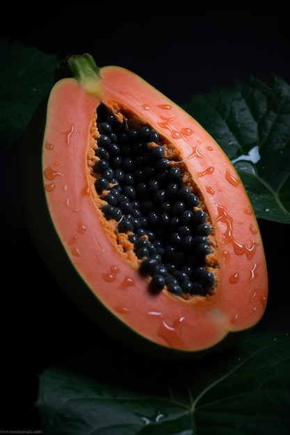 Una papaya con semillas negras y las semillas están sobre un fondo negro.