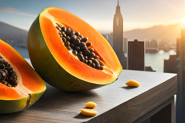 Una papaya sobre una mesa con una ciudad al fondo