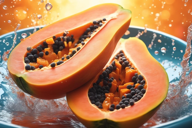Foto papaya und wasser auf einem schüsselnfarbigen natürlichen hintergrund