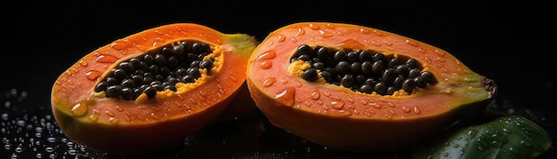 Papayas mit Tröpfchen auf schwarzem Hintergrund. Generative KI