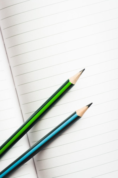 Papéis de caderno abertos com lápis verdes e azuis