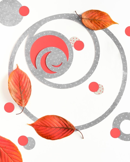 Papel abstracto arte geométrico Fondo de otoño Formas de círculo de Fibonacci natural rojo naranja Hojas de otoño círculos rojos Vista plana superior Fondo romántico de armonía estacional