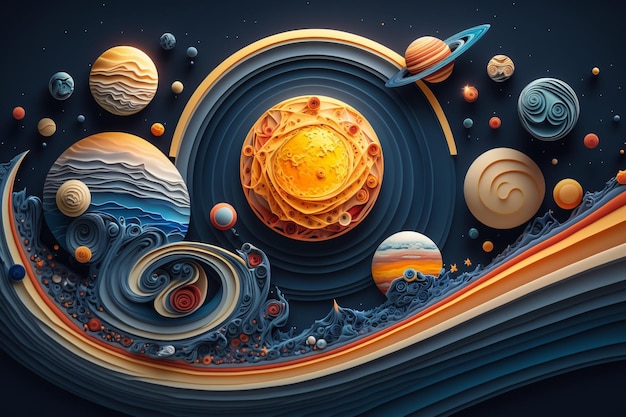 Papel abstracto quilling espacio espacio-tiempo y constelaciones estrellas y planetas Patrones creativos y hermosos de cuerpos celestes Sol luna tierra