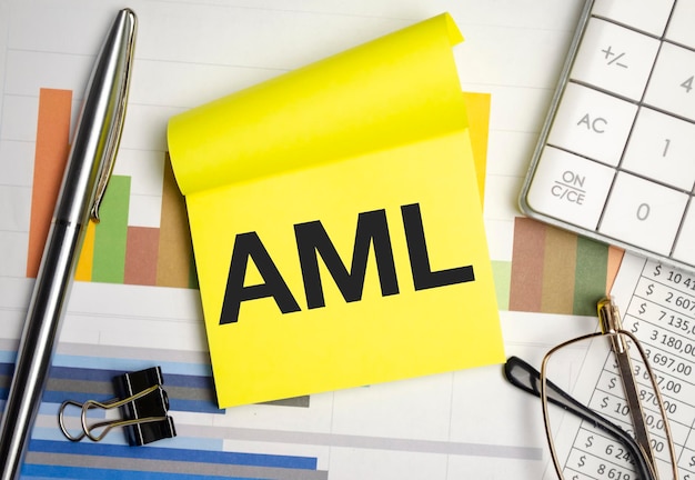 Papel amarelo com o texto AML AntiMoney Laundering