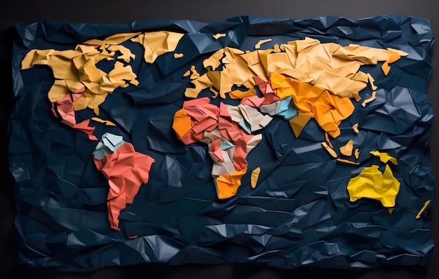 Papel amassado colorido como um mapa mundial em fundo preto