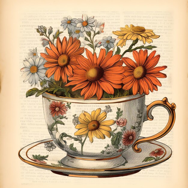 Papel antigo de chá floral Cottagecore papel digital vintage