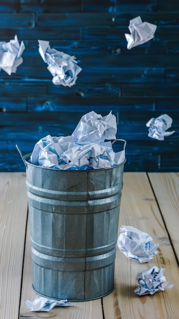 Foto papel arrugado alrededor de un contenedor de basura ideas fallidas atmósfera de plazo apretado