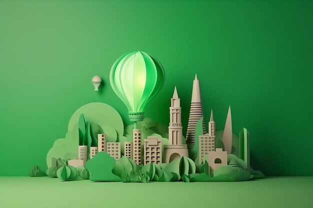 Papel arte ecología concepto bombilla verde eco ciudad energía renovable salvar el mundo idea concepto IA generativa