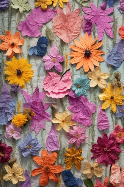 Papel artesanal colorido com flores prensadas criadas com generative ai