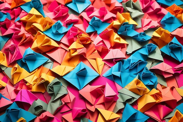 Foto papel artesanal formas coloridas de origami e fundo abstrato geométrico