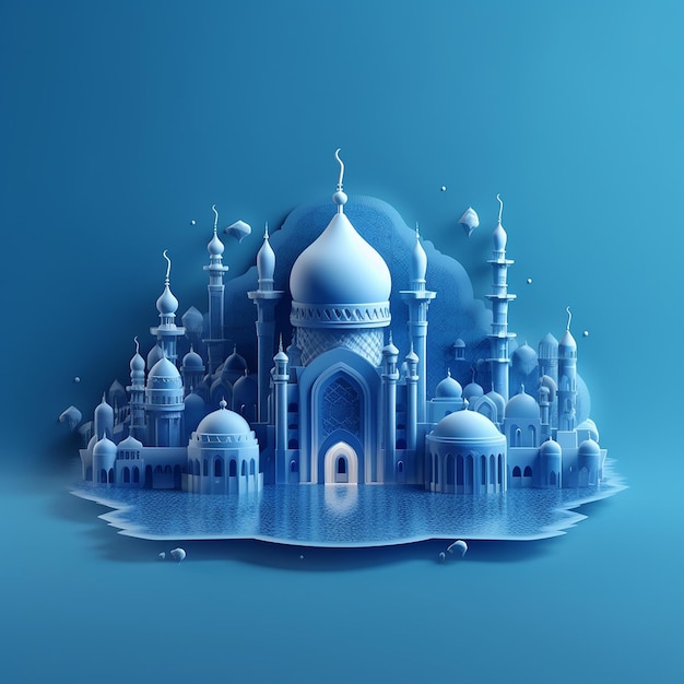 Un papel azul recortado de una mezquita con una cúpula y una cúpula.