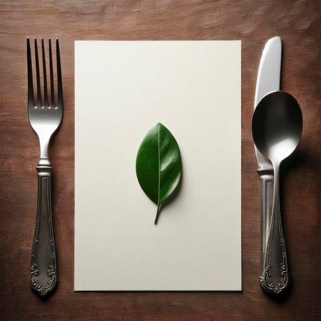 Foto un papel blanco en blanco con un cuchillo, un tenedor y una cuchara en una mesa de madera.