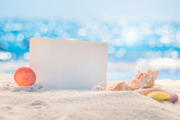 Foto papel en blanco con conchas en la playa de arena