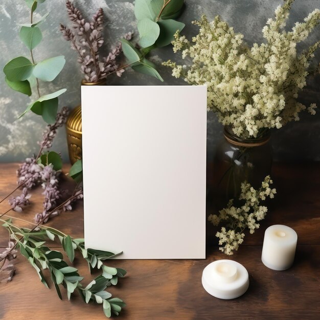 Foto papel en blanco para diseño de maqueta con decoración floral