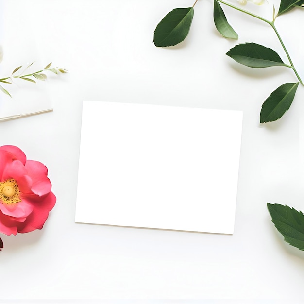 Un papel blanco con una flor en él está en una mesa con un fondo blanco.