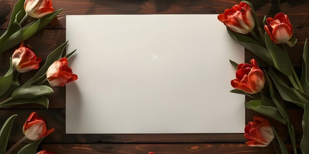 Papel en blanco con flores rosas sobre un fondo de madera rústico generado por Ai