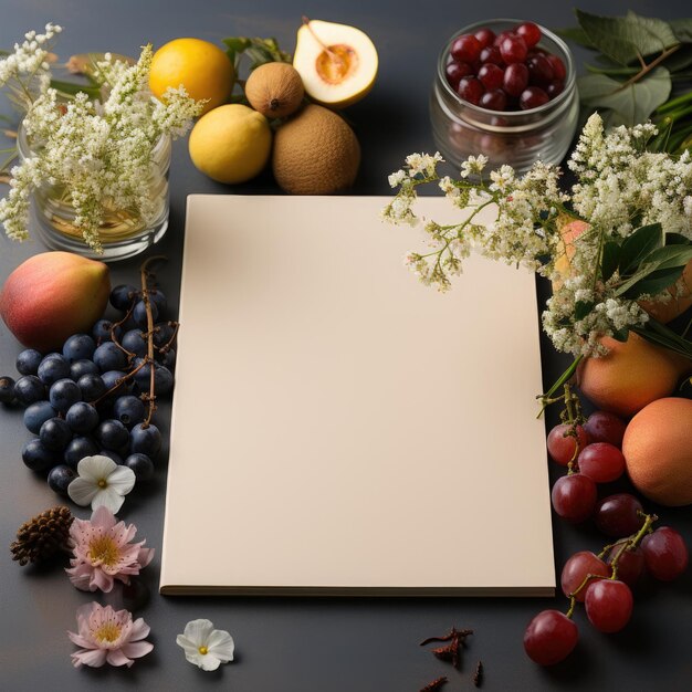 Papel en blanco con frutas y flores sobre un fondo negro