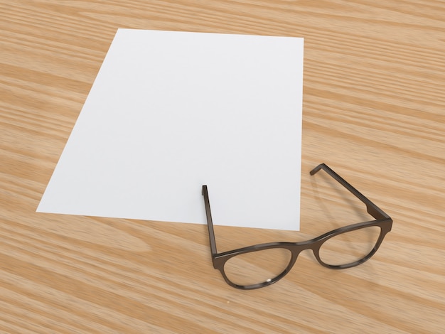 Papel en blanco y gafas sobre suelo de madera 3D rendering