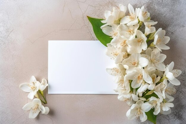 Papel blanco de maquillaje con arreglo de flores sobre un layflat texturizado