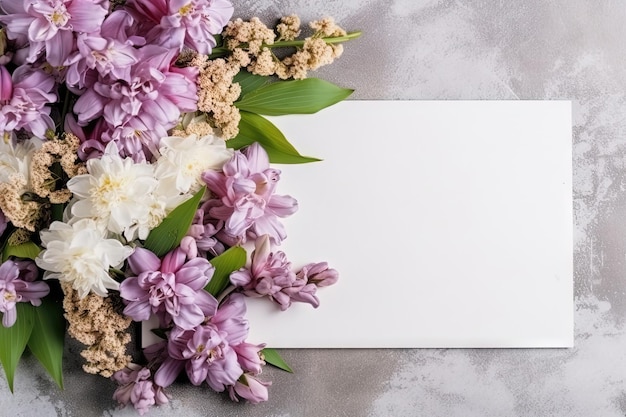 Papel blanco de maquillaje con arreglo de flores sobre un layflat texturizado